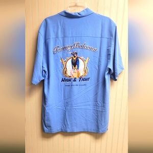 Tommy Bahama "High & Tight" Baseball 100% Silk Shirt Small Blue Embroidered
